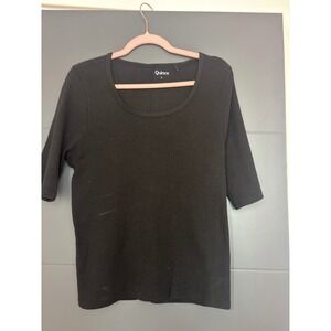 Quince Black Ribbed Knit Scoop Neck 3/4 Sleeve Top Size L Organic Cotton Blend